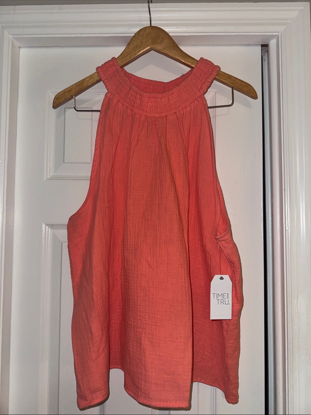 Time and Tru Coral Halter Top with Smocked Neckline